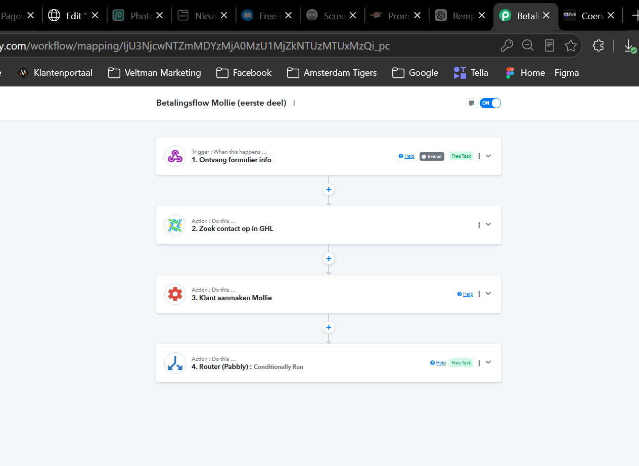 Mollie-betaalworkflow die formuliergegevens ontvangt, een contact zoekt en een klant aanmaakt