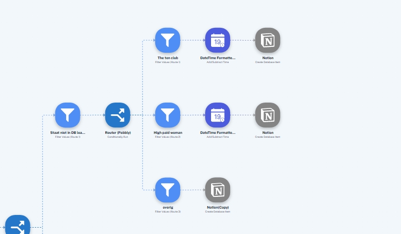 Automatiseringsschema in Pabbly Connect met filters, vertakkingen en Notion-koppelingen