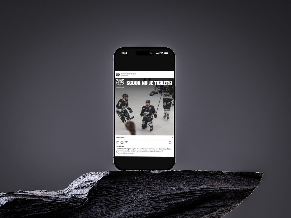 Advertentie van Amsterdam Tigers voor wedstrijdtickets op een smartphone