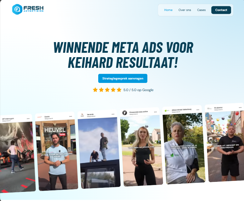 Homepage van Fresh Advertising met voorbeelden van Meta-advertenties