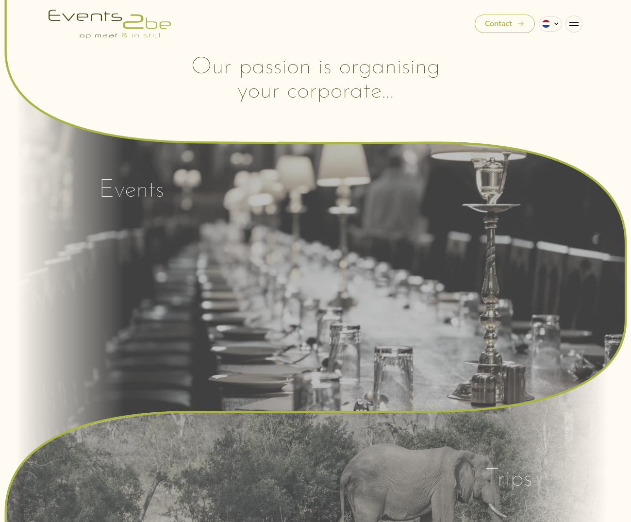 Homepage van Events2be met foto's van een gedekte dinertafel en een olifant
