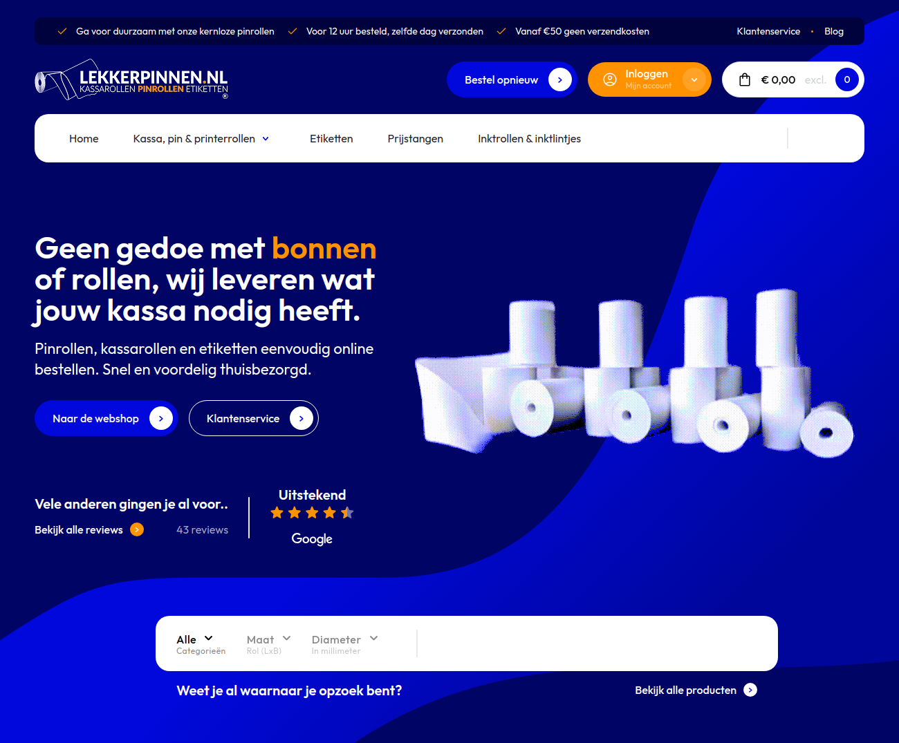 Homepage van Lekkerpinnen.nl met kassa- en pinrollen