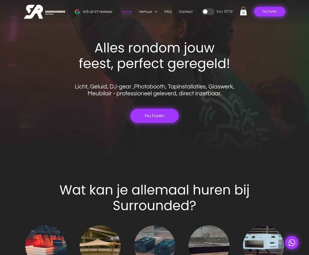 Homepage van Surrounded Eventservice met verhuur van feestbenodigdheden