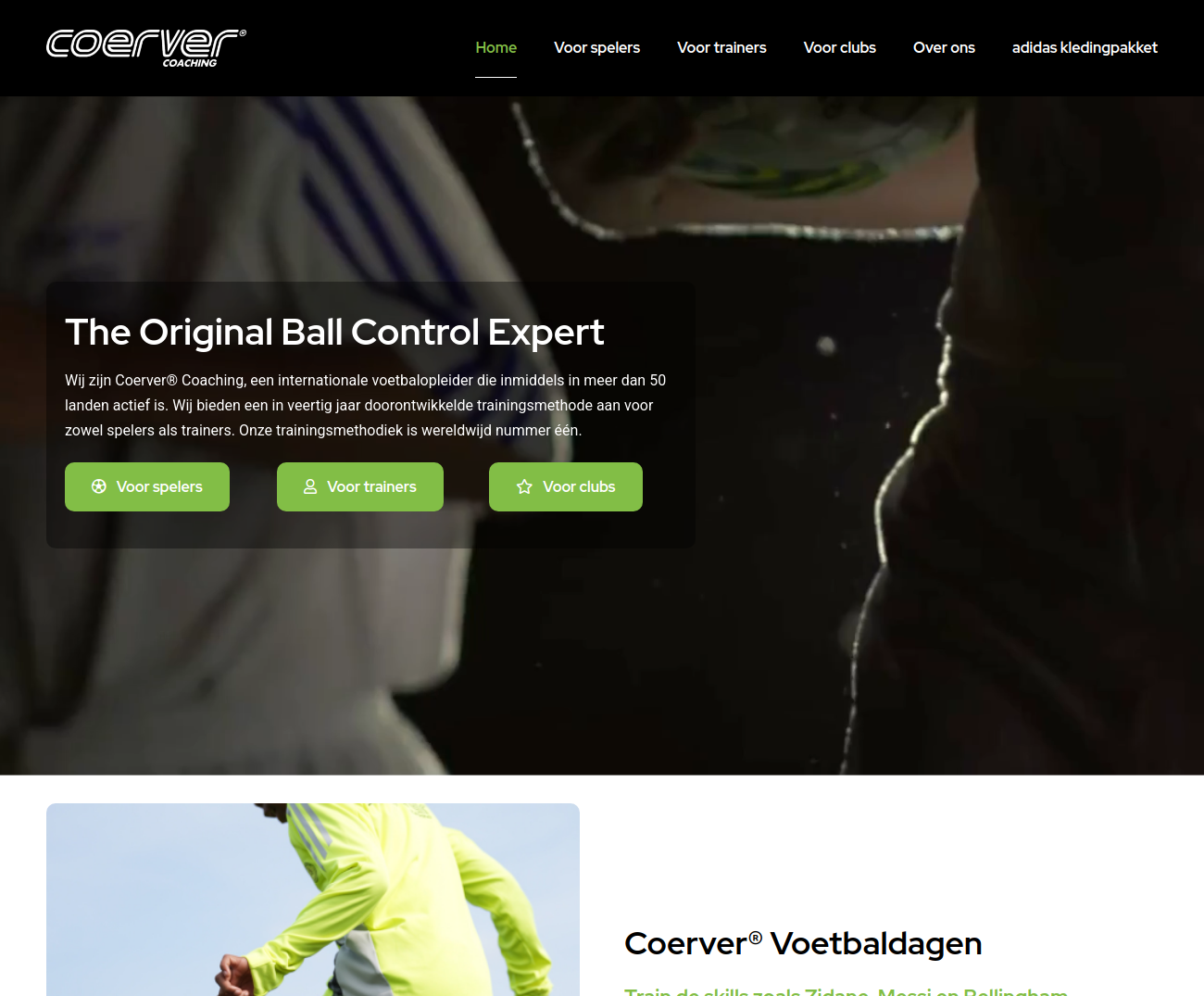 Homepage van Coerver Coaching met voetbaltrainingen en voetbaldagen