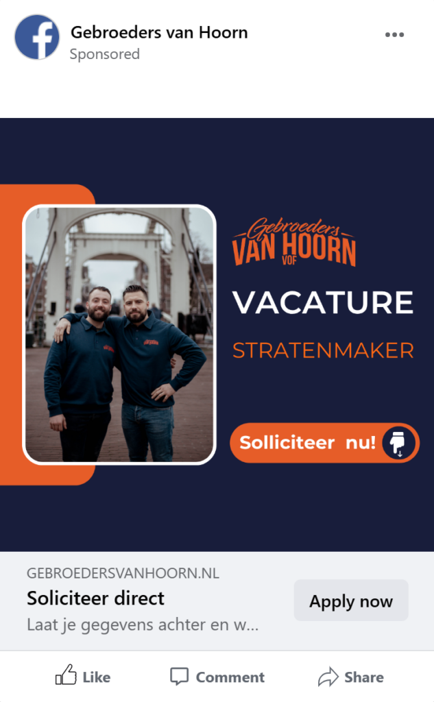 Facebook-advertentie van Gebroeders van Hoorn voor de vacature stratenmaker