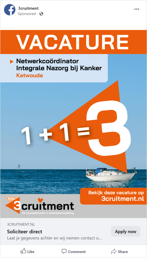 Facebook-advertentie van 3cruitment voor de vacature netwerkcoördinator integrale nazorg bij kanker in Katwoude