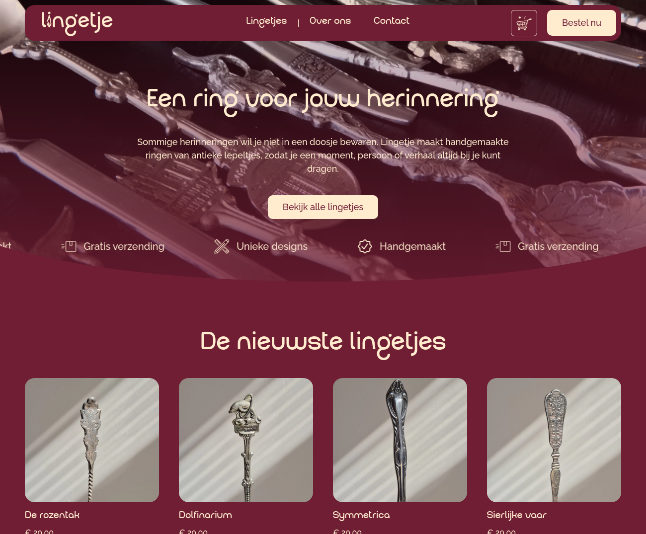 Homepage van Lingetje met handgemaakte ringen en een overzicht van de nieuwste ontwerpen