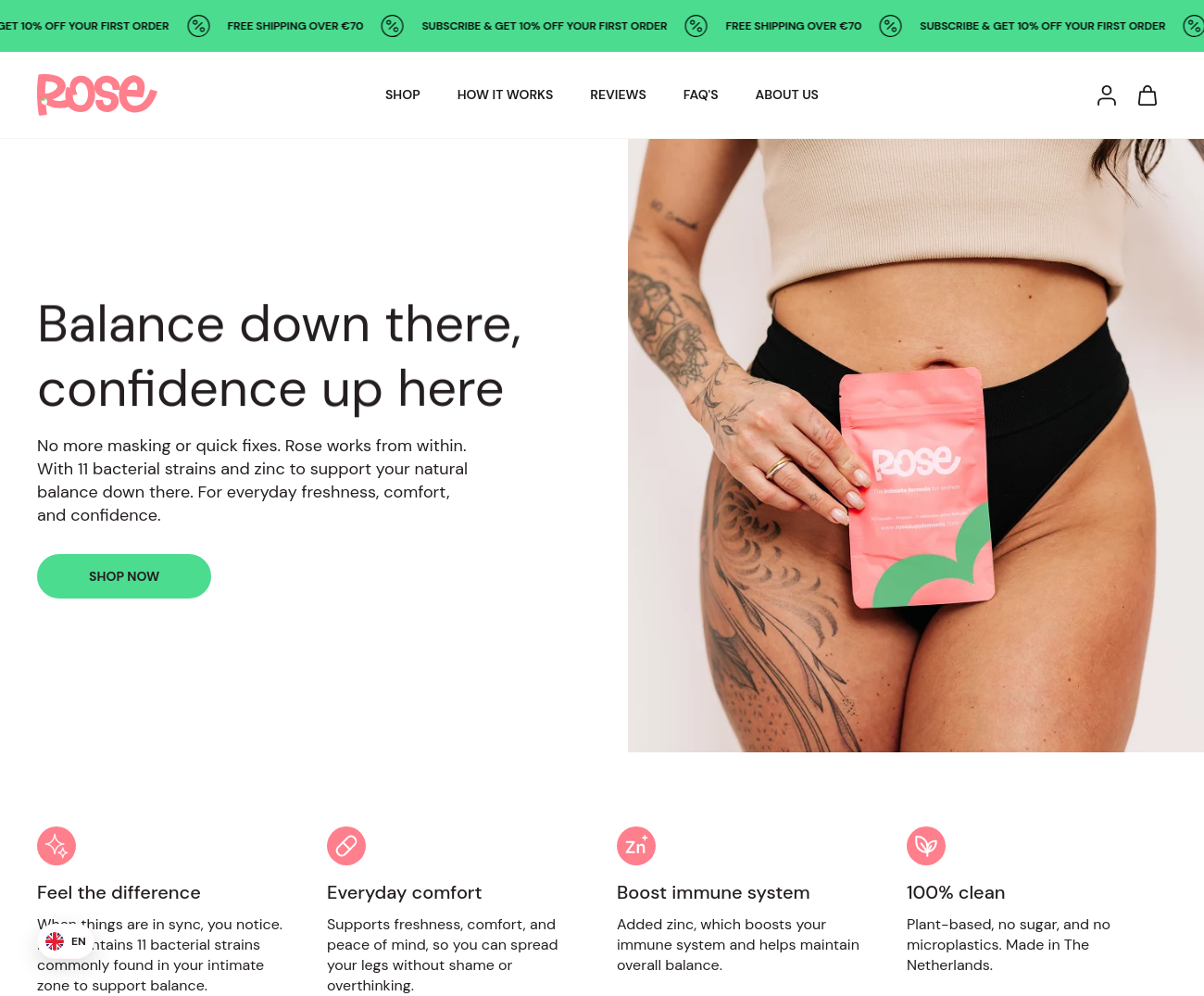 Homepage van Rose Supplements met een model dat een roze productverpakking vasthoudt