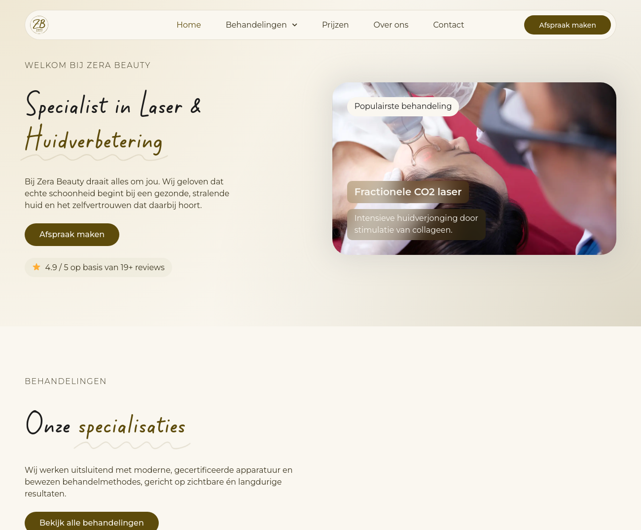 Homepage van Zera Beauty met laserbehandelingen en huidverbetering